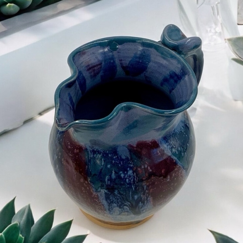 Vintage Mid-Century-Modern Handmade Studio Pottery Pitcher Blue Colored Signed - Picture 3 of 9
